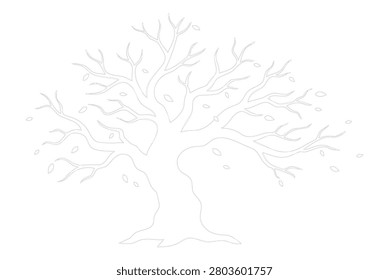 Outline of a bare deciduous tree with scattered falling leaves, symbolizing autumn or dormancy, drawn in grey on a white...