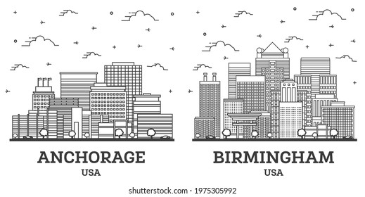 Outline Birmingham Alabama and Anchorage Alaska USA City Skyline Set with Modern Buildings Isolated on White. Cityscape with Landmarks.