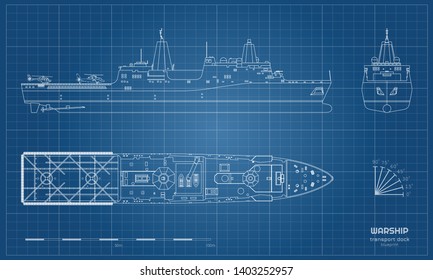 Outline Blueprint Of Military Ship. Top, Front And Side View. Battleship Model. Industrial Isolated Drawing Of Boat. Warship USS