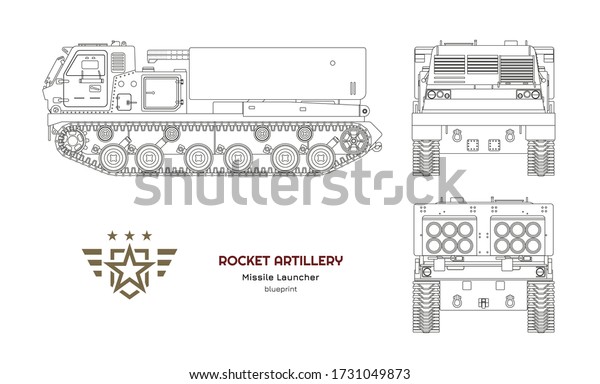 Outline blueprint of missile vehicle. Rocket\
artillery. Side, front and back view. Drawing of military tractor\
with jet weapon. Camouflage\
tank