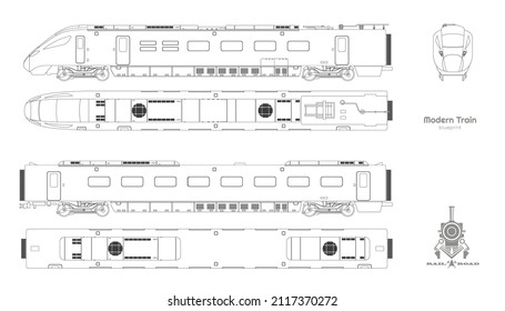 Outline Blueprint Of Modern Train. Side, Top And Front Views. Isolated Locomotive. Railway Vehicle. Railroad Pessenger Transport