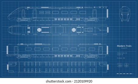 Outline blueprint of modern train. Side, top and front views. Contour locomotive. Railway vehicle. Railroad pessenger transport