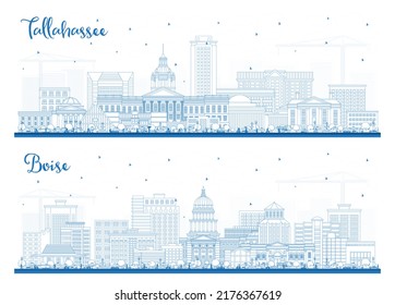 Outline Boise Idaho And Tallahassee Florida City Skyline Set With Blue Buildings. Cityscape With Landmarks. Business Travel And Tourism Concept With Modern Architecture.