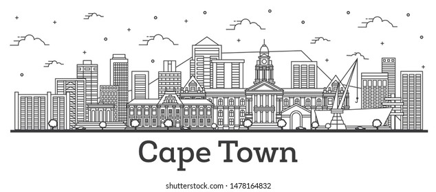 Outline Cape Town South Africa City Skyline With Modern Buildings Isolated On White. Cape Town Cityscape With Landmarks. 