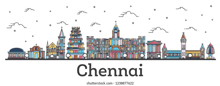 Outline Chennai India City Skyline With Color Buildings Isolated On White. Chennai Cityscape With Landmarks.