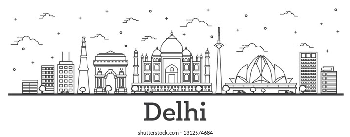 Outline Delhi India City Skyline With Historic Buildings Isolated On White. Delhi Cityscape With Landmarks.