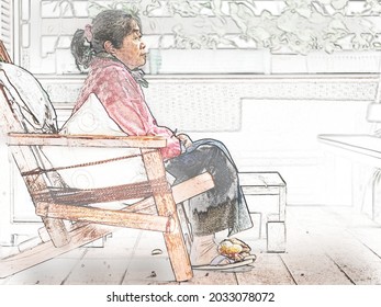 Outline drawing 60s years old retired lady wears long sleeve sweater comfortable sits relaxing at calm garden balcony. Senior retirement woman lives carefree elegant lifestyle with financial freedom.  - Powered by Shutterstock