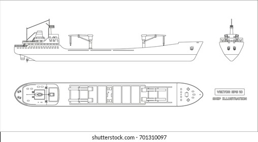 Outline Drawing Of Cargo Ship On A White Background. Top, Side And Front View. Container Transport. 