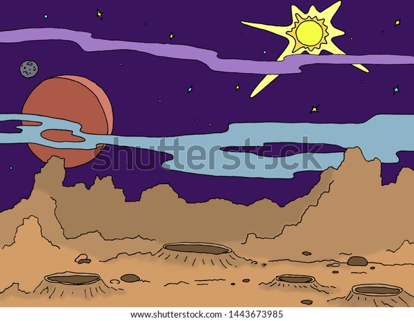 Outline drawing\
landscape of a planet with craters and rocks. Galaxy stars, big\
planet and satellite in a\
background