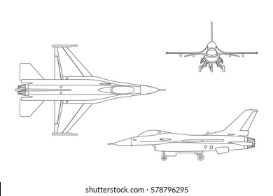 Outline drawing of military aircraft. Top, side, front view.