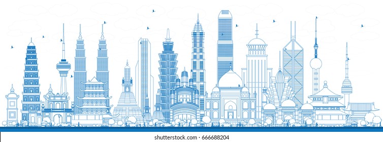 Outline Famous Landmarks In Asia. Business Travel And Tourism Concept. Image For Presentation, Banner, Placard And Web 