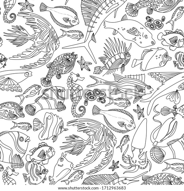 魚の輪郭 白い背景に リアルな海魚の様式化 野だの魚 鮭 蝶魚 装飾的な落書き風 水中の住民は左から右へ泳ぐ のイラスト素材