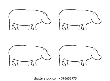 Outline Hippo On A White Background. Silhouette Hippopotamus. Modern Hippo Icon. Linear Hippopotamus Set.