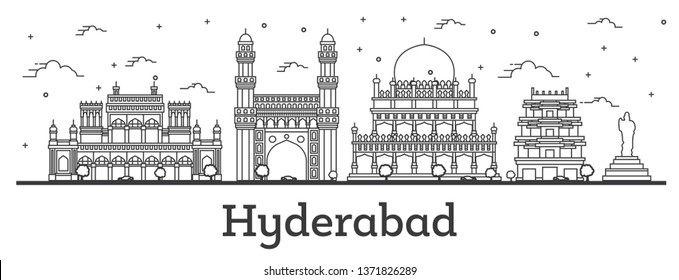 Outline Hyderabad India City Skyline With Historical Buildings Isolated On White. Hyderabad Cityscape With Landmarks.