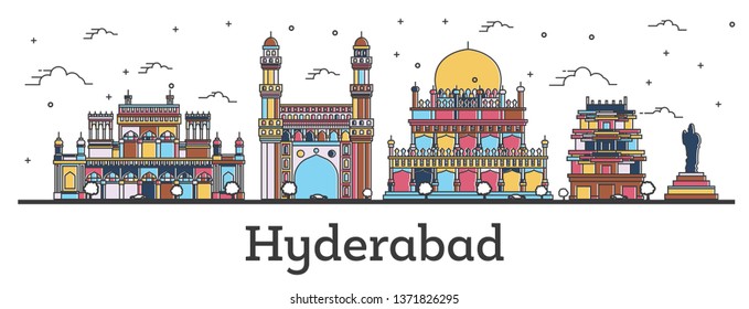 Outline Hyderabad India City Skyline With Color Buildings Isolated On White. Hyderabad Cityscape With Landmarks.