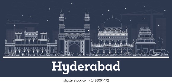 Outline Hyderabad India City Skyline With White Buildings. Business Travel And Concept With Modern Architecture. Hyderabad Cityscape With Landmarks.