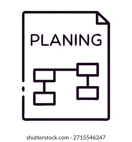 Outline icon of a planning document with a flowchart diagram inside, representing business strategy, project management, and organization, isolated on