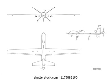 Outline Image Of Military Drone. Top, Front And Side View. Army Aircraft For Intelligence And Attack.  Industrial Isolated Drawing