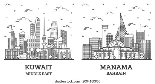 Outline Мanama Вahrain and Kuwait City Skyline Set with Modern Buildings Isolated on White. Cityscape with Landmarks.