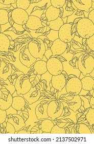 Outline Lemon Pattern. Drawing Fruit And Leaves On Yellow Background