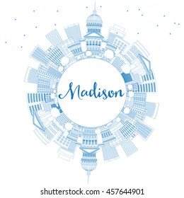 Outline Madison Skyline with Blue Buildings and Copy Space. Business Travel and Tourism Concept with Modern Buildings. Image for Presentation Banner Placard and Web Site.