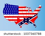 An outline map of TheUnited States of America showing the confederate states against the confederate flag