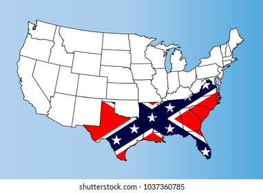 An Outline Map Of TheUnited States Of America Showing The Confederate States Against The Confederate Flag