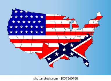 An Outline Map Of TheUnited States Of America Showing The Confederate States Against The Confederate Flag