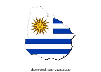 Outline map of Uruguay with the national flag superimposed over the country. 3D graphics casting a shadow on the white background