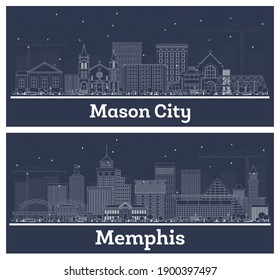 Outline Memphis Tennessee And Mason City Iowa Skyline Set With White Buildings.