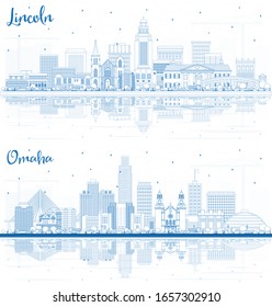 Outline Omaha and Lincoln Nebraska City Skylines with Blue Buildings and Reflections. Business Travel and Tourism Concept with Historic Architecture. Cityscapes with Landmarks.