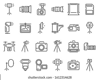 Outline Photo Icons. Photography Studio Light, Film Cameras And Camera On Tripod Line. Photo Lens Technology, Different Digital And Vintage Cam Pictogram. Isolated Icon  Set