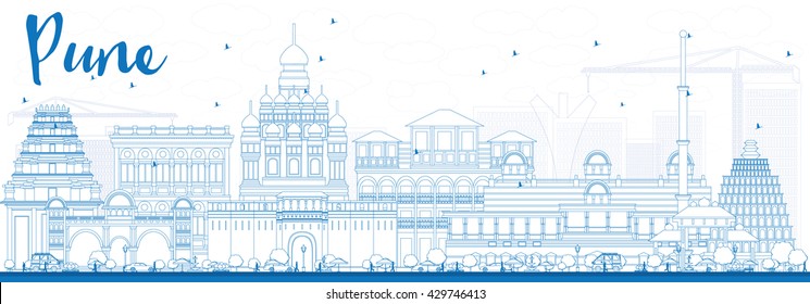 Outline Pune Skyline With Blue Buildings. Business Travel And Tourism Concept With Historic Buildings. Image For Presentation Banner Placard And Web Site.