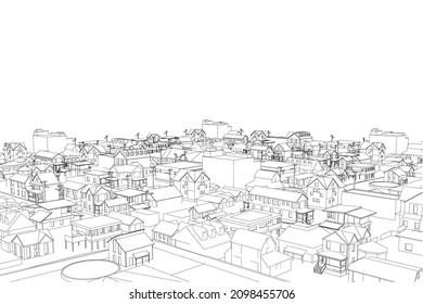 Outline Of A Quarter Of A Small Town From Black Lines Isolated On A White Background. 3D Illustration