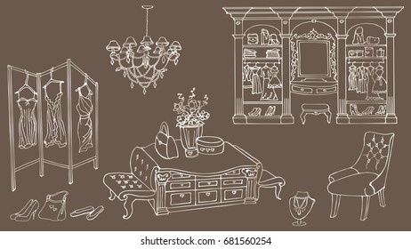 outline a set of furniture for a chic, glamor, elegant  dressing room for storage of female fashion and fitting,  silver in beige background - Powered by Shutterstock