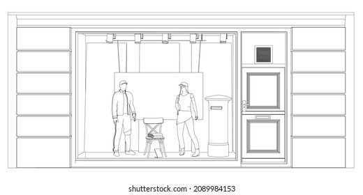 Outline Of A Shop Window With Mannequins In Clothes Made Of Black Lines Isolated On A White Background. Front View. 3D Illustration