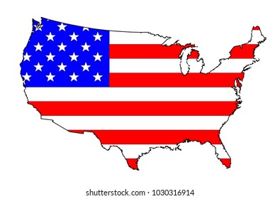 An Outline Silhouette Map Of The United States Of America Showing The Stars And Stripes Flag Beneath Over A White Background