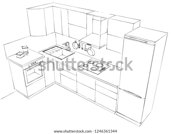 Outline Sketch 3d Drawing Modern Lshaped Stock Illustration