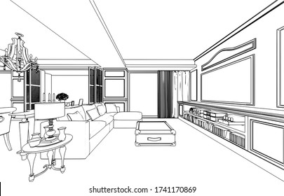 Outline Sketch Drawing Perspective Interior Space Stock Illustration ...