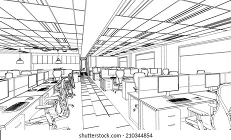 outline sketch of a interior office area  with clipping path