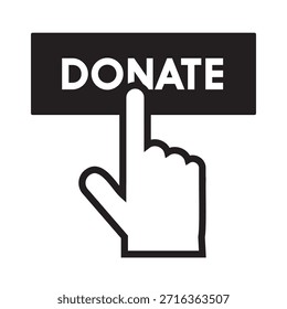 Outline style of a hand clicking a rectangular button with the word "DONATE" inscribed on it, representing a digital call to action of online giving. Related to online fundraising, charitable websites