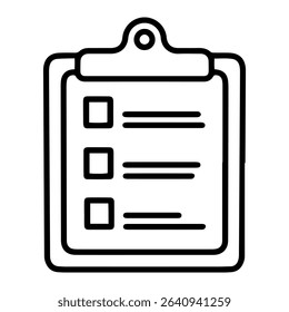 The outline style image depicts a clipboard with a document attached, featuring three lines and empty square checkboxes, denoting a to-do list, general checklist. Related to organization, productivity