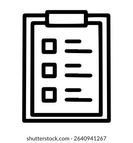 The outline style image depicts a clipboard with a document attached, featuring three lines and empty square checkboxes, denoting a to-do list, general checklist. Related to organization, productivity