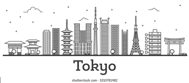 Outline Tokyo Japan City Skyline With Modern Buildings Isolated On White. Tokyo Cityscape With Landmarks.