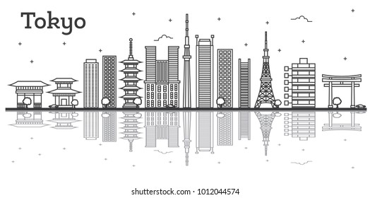 Outline Tokyo Japan City Skyline With Modern Buildings Isolated On White. Tokyo Cityscape With Landmarks.