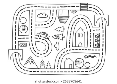 outline toy road map with winding streets, car, buildings, trees, clouds, mountains, tulips, tunnels and worm in black line style on white background, concept of coloring page, early education, kids c