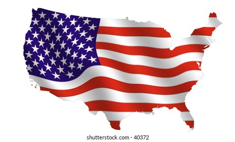 Outline Of The Usa (48 States), Filled With A  Waving Stars And Stripes.