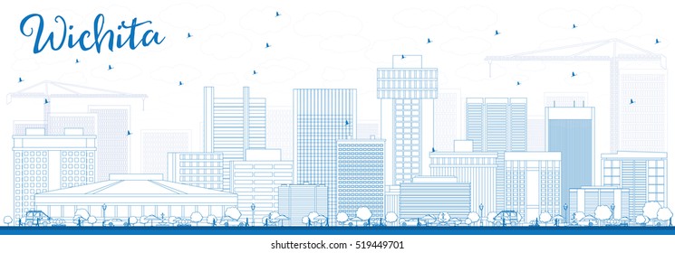 Outline Wichita Skyline with Blue Buildings. Business Travel and Tourism Concept with Modern Architecture. Image for Presentation Banner Placard and Web Site.
