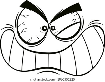 Outlined Aggressive Cartoon Funny Face With Angry Expression And Gnash Teeth  Raster Illustration Isolated On White Background