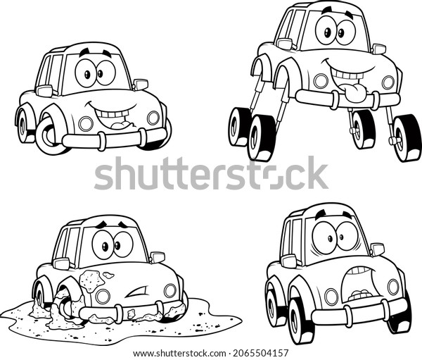 Outlined Car Cartoon\
Character Poses. Raster Hand Drawn Collection Set Isolated On White\
Background